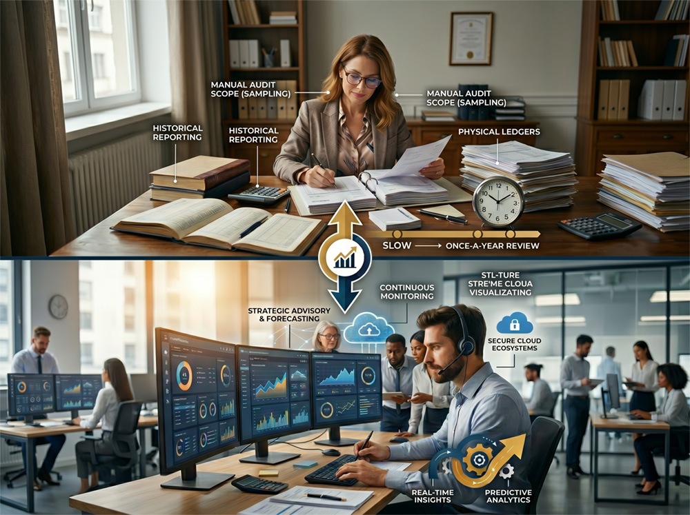 Split comparison: manual paper bookkeeping versus modern digital dashboards and analytics